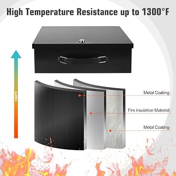 Fireproof Document Box, Large Document Safe Box with Key Lock and Handle, Portable Fire Proof Documents Storage Box for Personal Items, Passport, Cash, Tablet, Exterior, 33.5x28x10.5cm