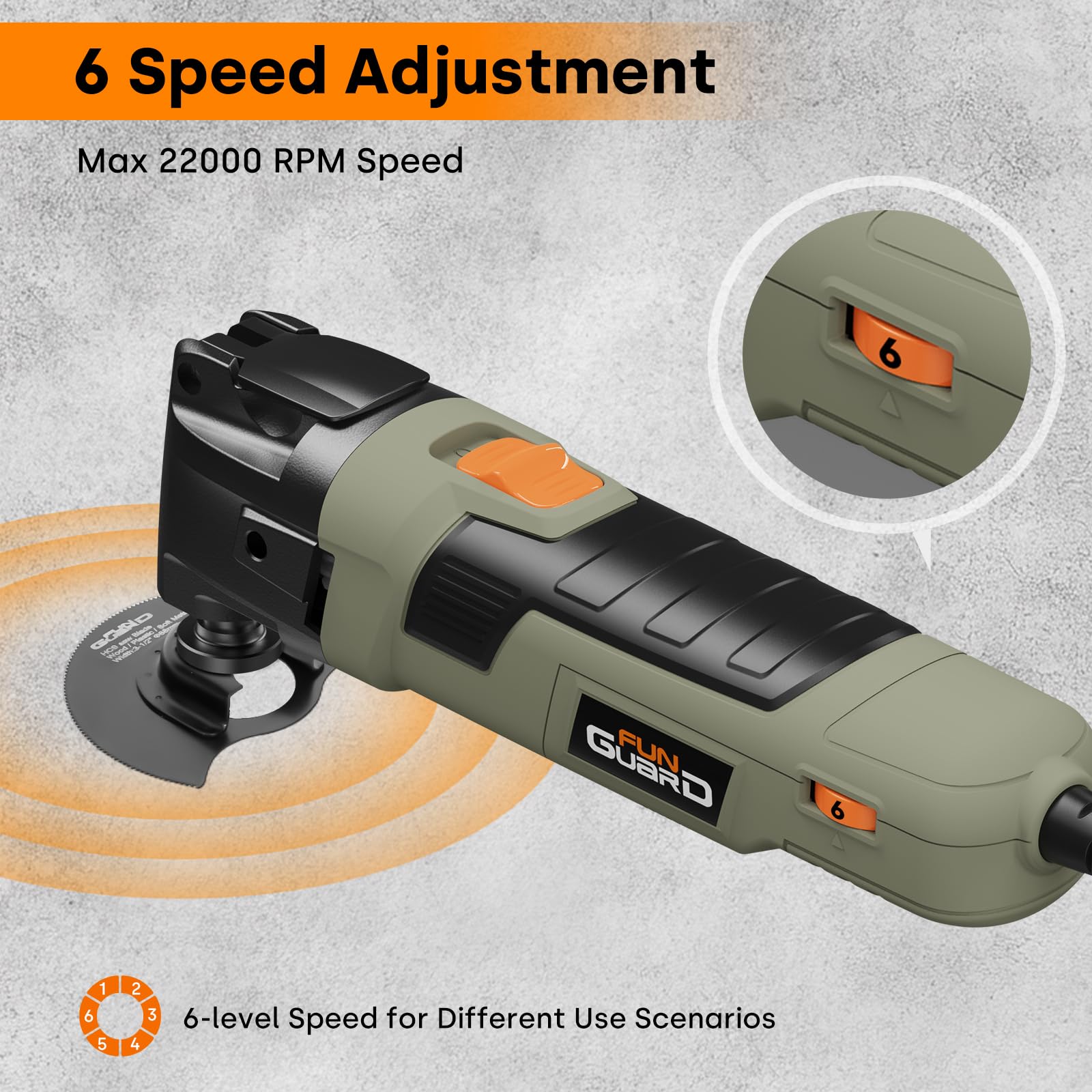 Funguard Oscillating Multi Tool 300W, 6 Variable Speeds 22000 OPM Electric Saw with 3.5°Oscillation Angle - Image 2