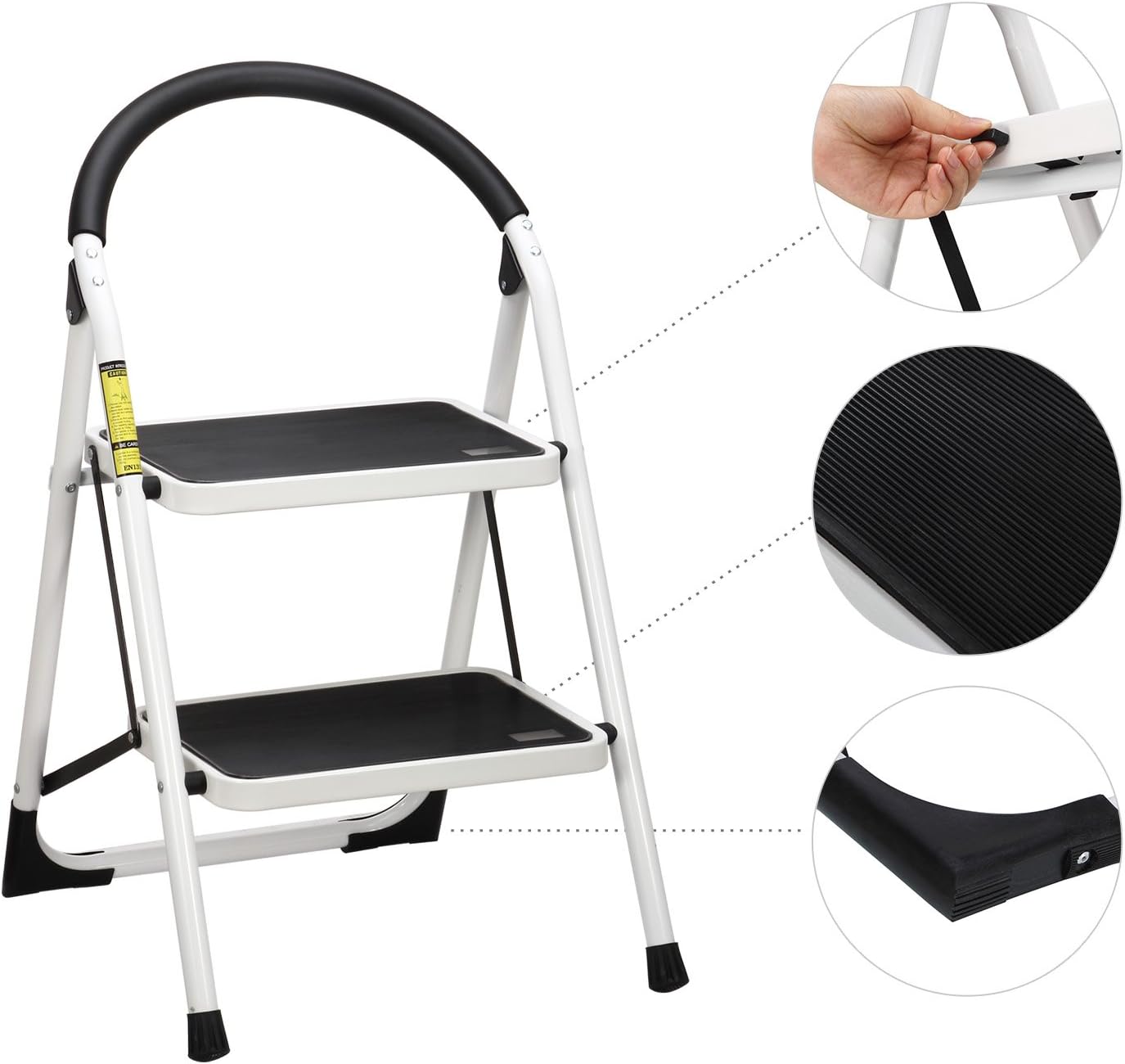 Ollieroo Step Stool Steel Support Ladder with Cushion Grip Handle, Non Skid Rubber Platform One Step 330-Pound Capacity (White)