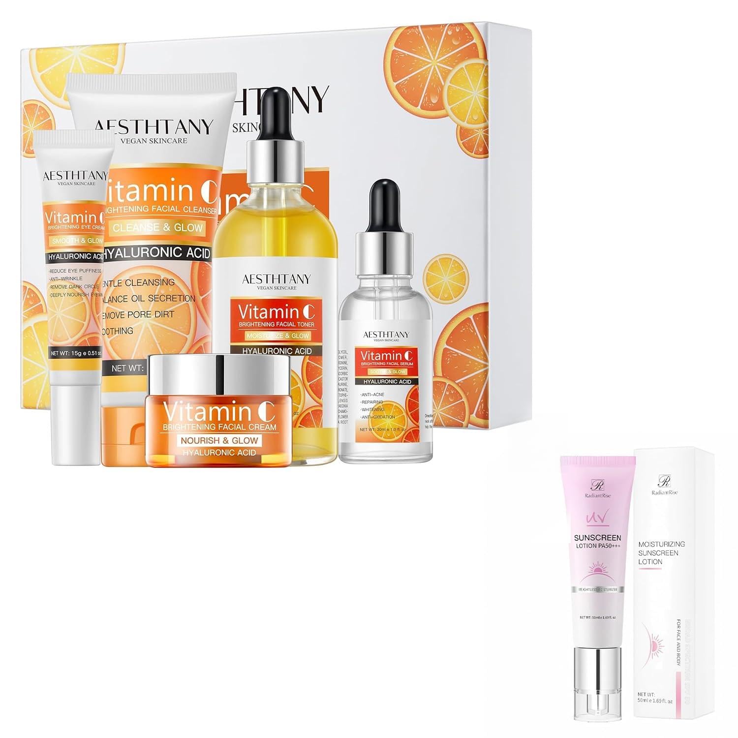 AESTHTANY Vitamin C Skin Care Set+Sunscreen For Face For Women|SPF 50+++ 1.69 fl oz
