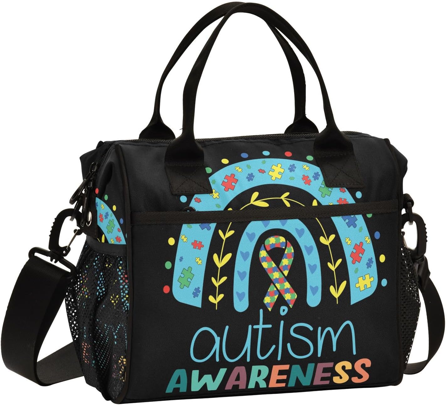 Autism Awareness Rainbow Print Lunch Bag Reusable Lunch Box for Office Picnic Hiking Beach, Insulated Cooler Tote Food Container with Adjustable Shoulder Strap for Men Women Adults