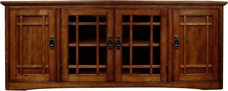 Leick Home 82360 Solid Wood Mission Oak Four Door TV Stand For 65" TVs Universal TV Console Living Room Storage Shelves Entertainment Center, Mission Oak image 2
