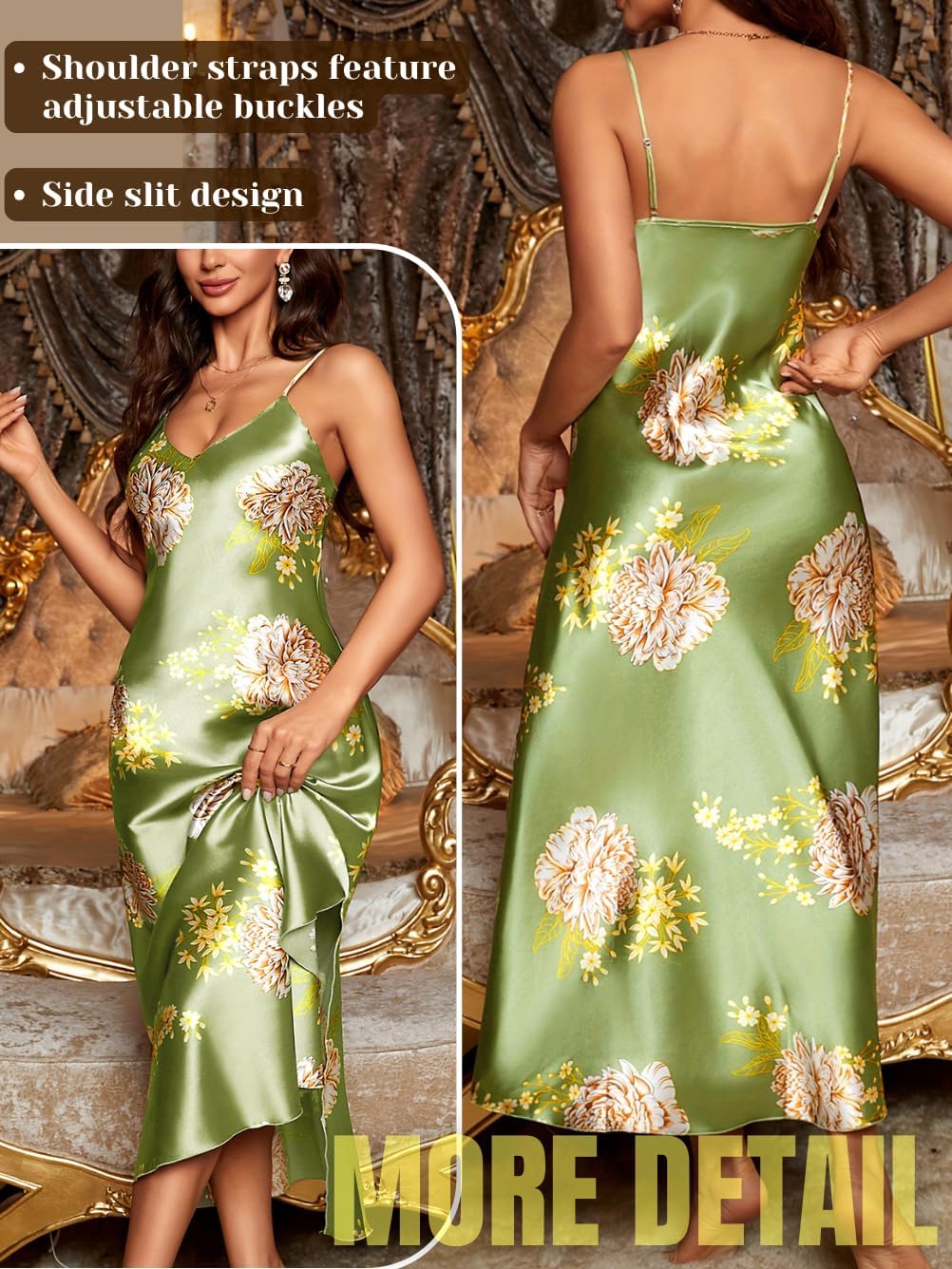 ChiaoLezhee Women's Silky Satin Floral Nightgown - Spaghetti Strap Slip Slit V Neck Luxury Sexy Long Night Dress Sizes S-XL