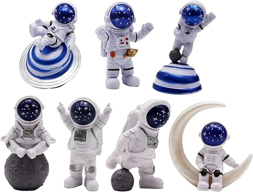 7 piezas de decoración de astronauta en miniatura, decoración de pastel espacial, temática espacial, estatuas de astronauta de escritorio para el