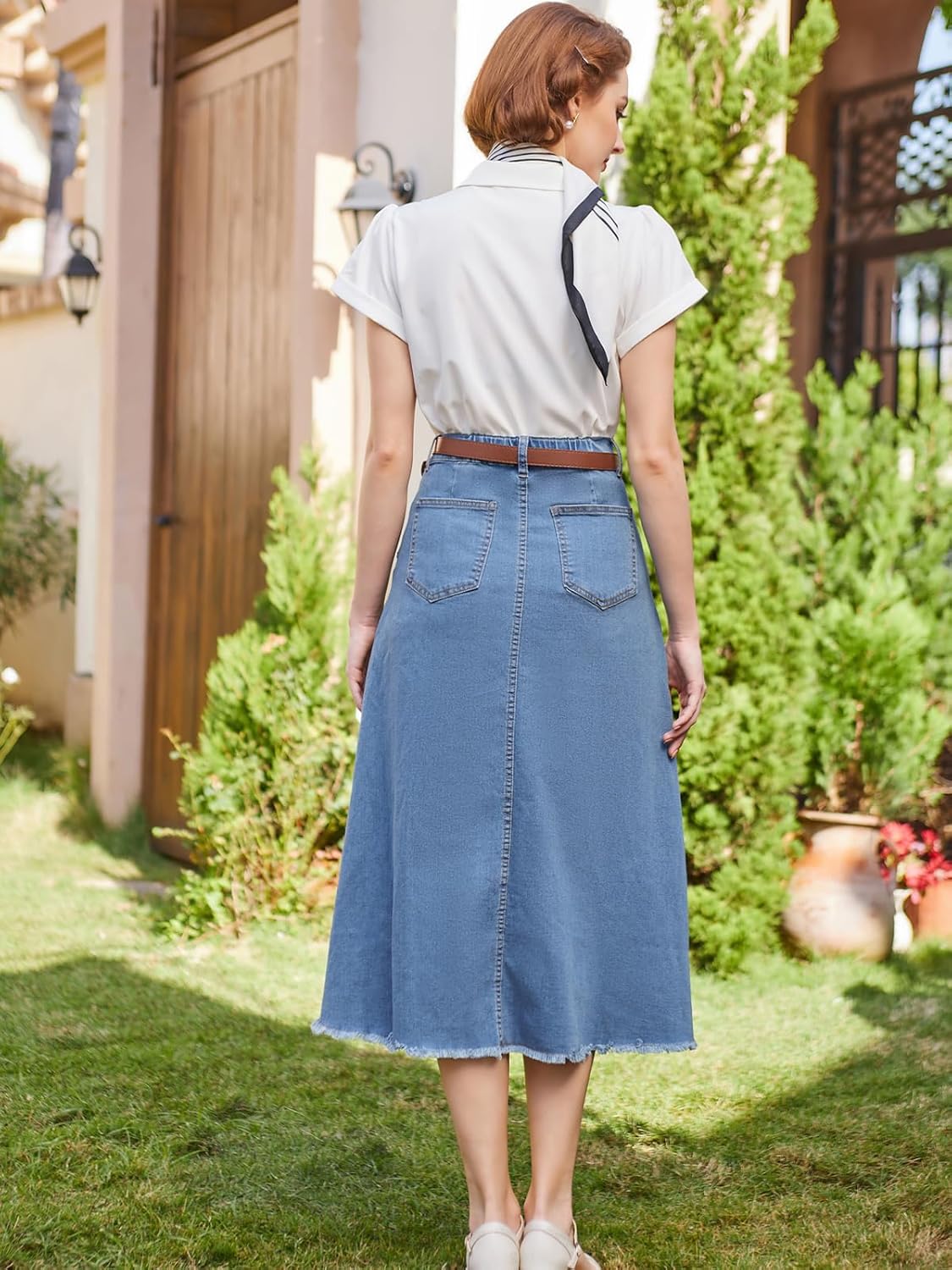 Belle Poque Vintage Denim Skirts for Women Elastic High Waist Frayed Raw Hem A-Line Maxi Long Jean Skirts with Pockets - Image 5