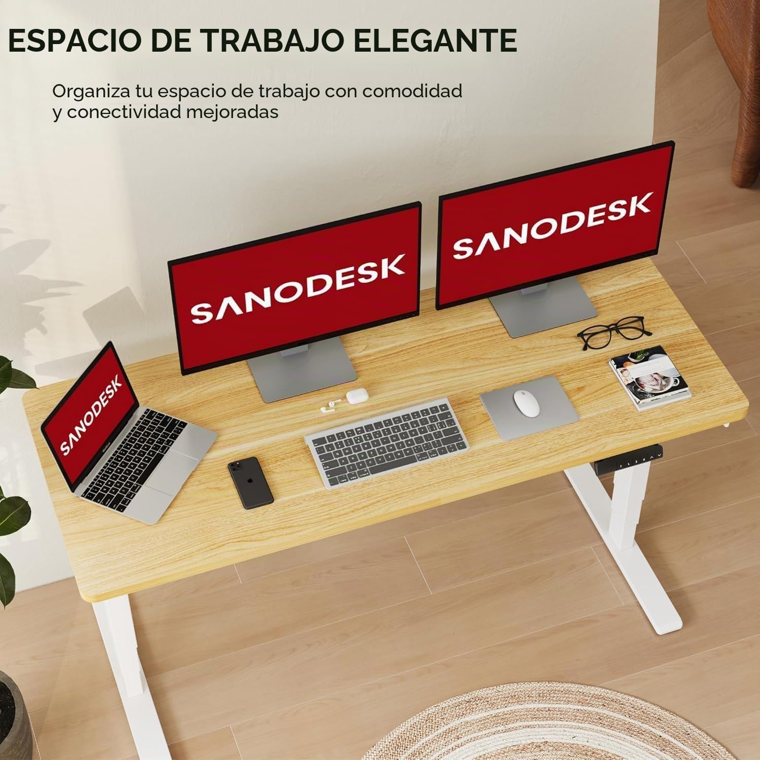 SANODESK 2 Motores Escritorio Elevable EC4 160 x 80 cm Tablero Entero con 3 Secciones Patas Telescópicas con Panel Ajustable, Mesa elevable Standing Desk Ergonómico para Oficina y Hoggar-Arce