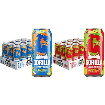 Gorilla Energy Drink, Mango Coconut & Watermelon Melon, 200mg Natural Caffeine, Real Fruit Juice Squeezed & Concentrated, No Added Sugar and No Artificial Colors, 24 Cans