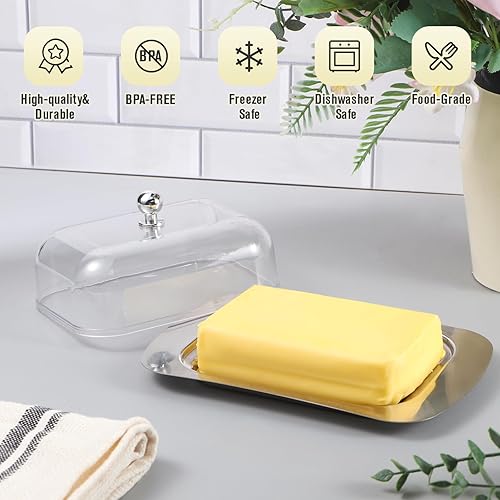 Miniatura 5 de Mantequillera con tapa, plato de mantequilla de acero inoxidable con tapa de plástico para encimera, pequeño soporte para mantequilla con tapa,