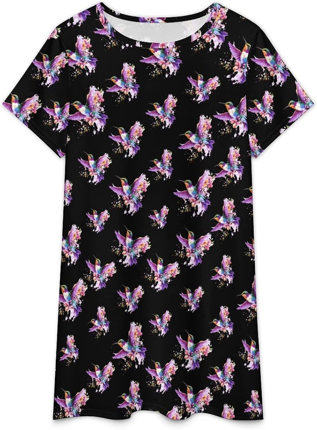 Colorful Hummingbird with Flower Nightgowns for Women Short Sleeve Sleep Dress Casual Sleepshirt Night Gowns Pajamas