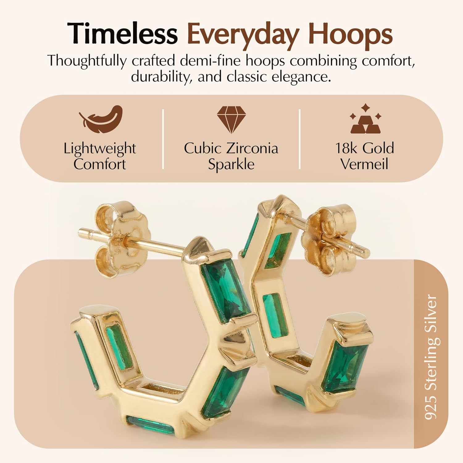 Ora Ana Claire Huggie Hoops | 18K Gold Vermeil or Rose Gold Vermeil, 925 Sterling Silver | Oprah’s Favorite Things | Hypoallergenic Cubic Zirconia Baguette Cut Accents | Lightweight Earrings for Women
