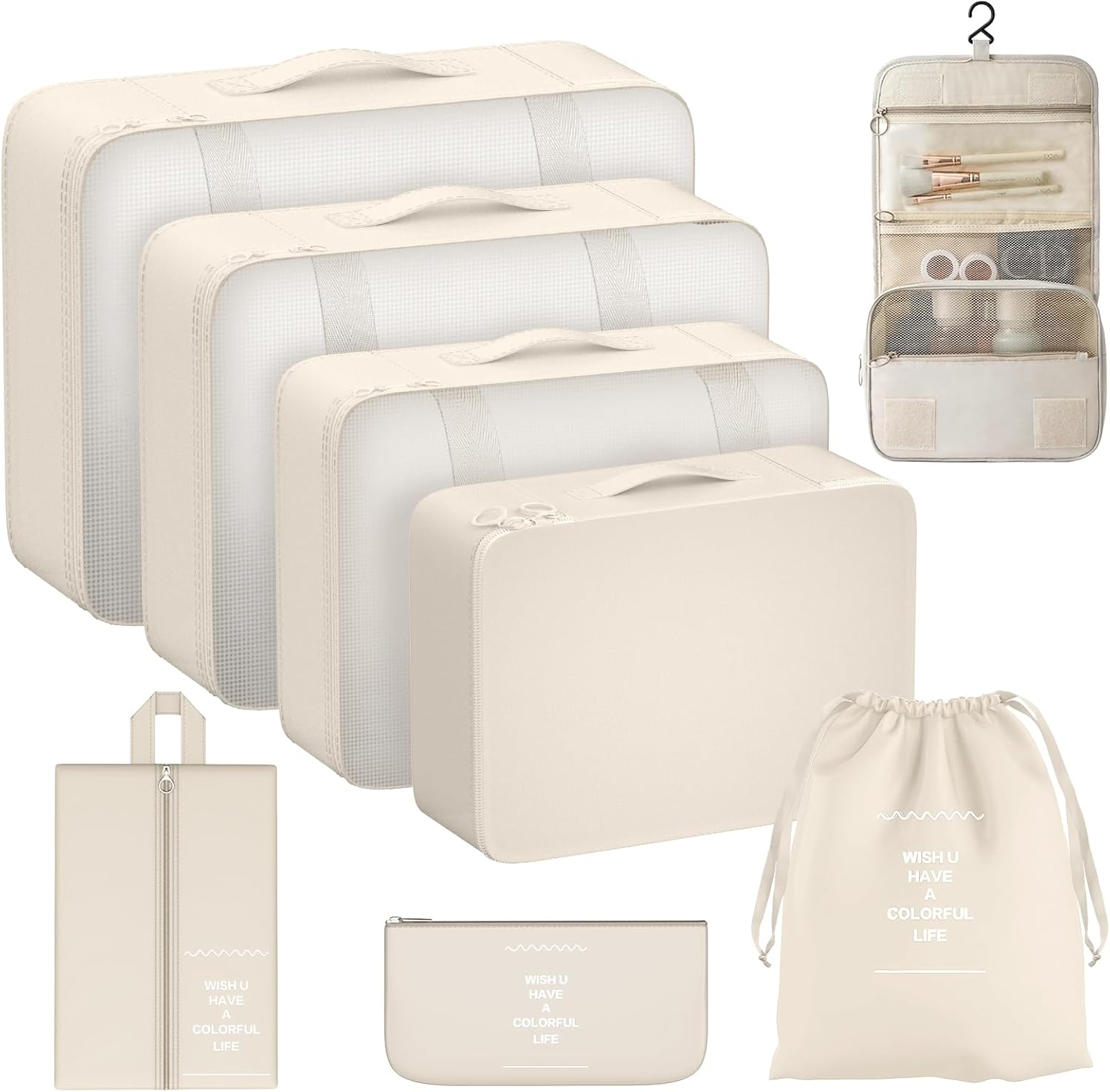 Organisateur de valise 8 pièces (Beige), organisateur de valise peu encombrant, ensemble organisateur de valise, packing cubes, organisateur de valises, organisateur de valise de compression