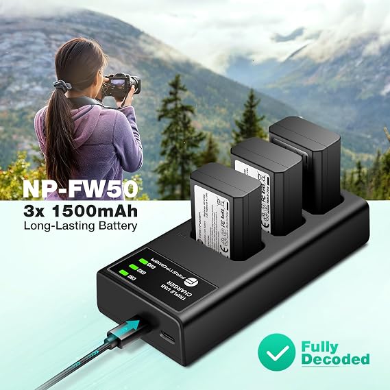 FirstPower NP-FW50 Battery 3-Pack and Triple Slot Charger for Sony