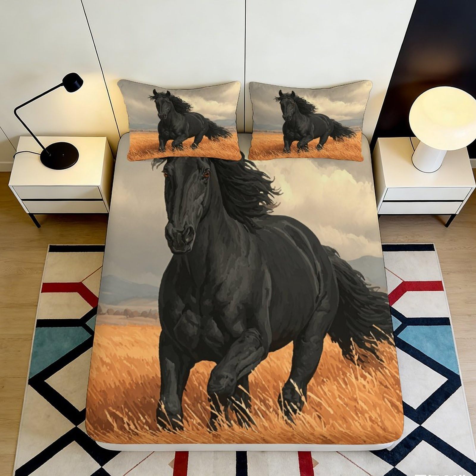 Pnayamiorkfel Style-8 3D Printed Black Horse Fitted Sheet Microfiber Soft Anti-Slip Wild Stallion Bed Cover For Bedroom Dorm Mattress Protection Decor 90X200x25cm