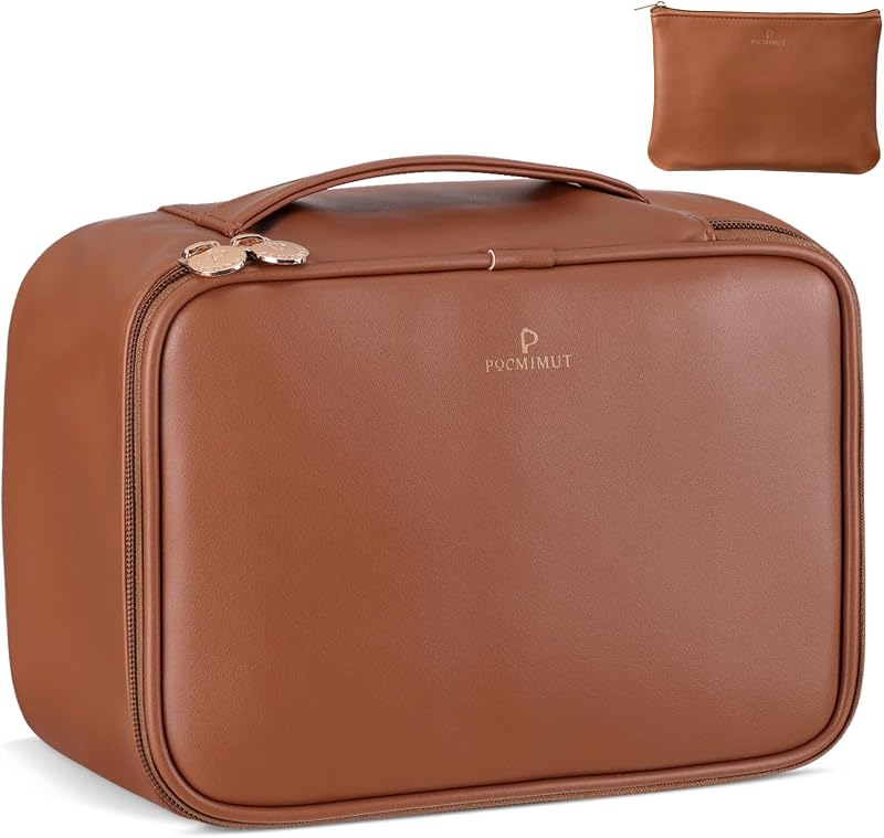 Necessaire Pocmimut de maquiagem em PU, marrom, com porta-pincéis e bolsa removível