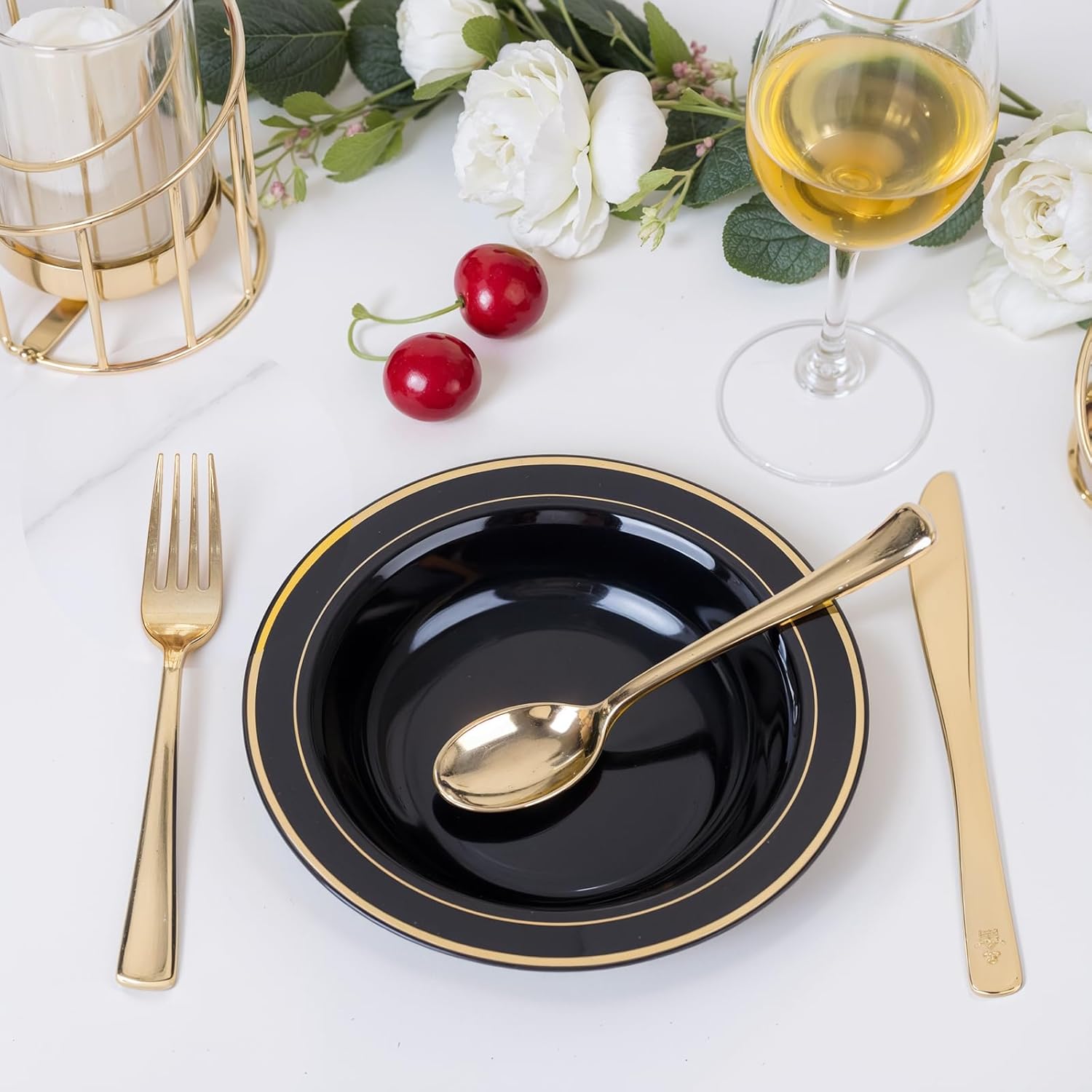 bUCLA 120 Pack Disposable Plastic Bowls 12oz - Black with Gold Trim Plastic Party Bowls for Salad, Soup, Dessert, Picnic, Catering, Ideal for Party & New Year