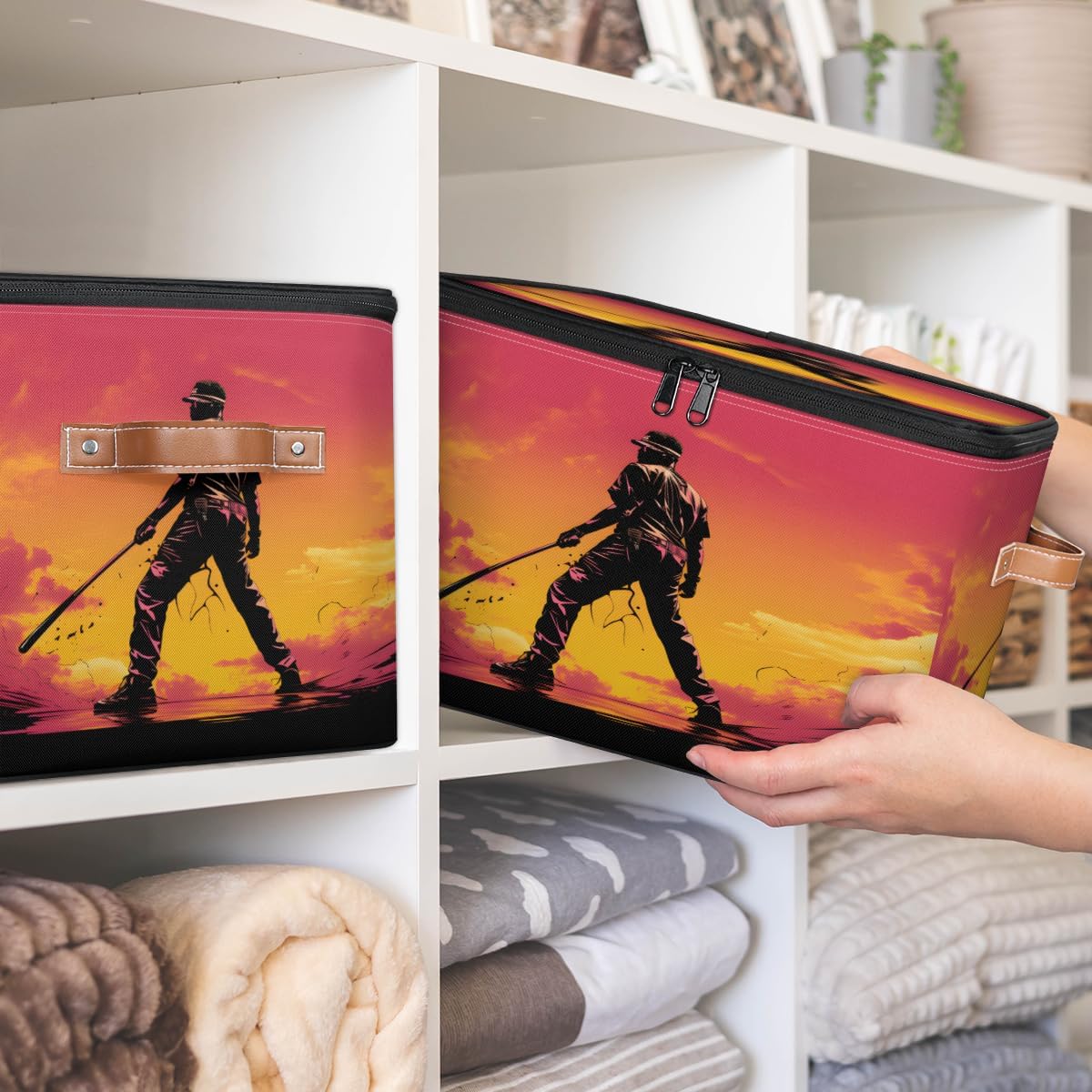 Storage Bin Set of 2 Sports Baseball Player Storage Basket with Zipper Lid & Handle Foldable Closet Shelf 2 Pack Cloth Organizer Basket Cube Bins Clothes Organizer for Nursery, Bedroom