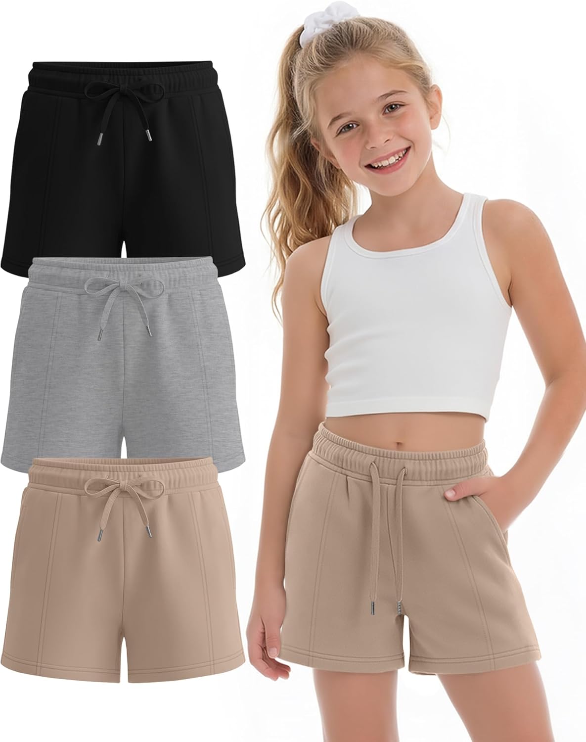 3 Pack Girls' Shorts Summer Kids Drawstring Elastic Waist Casual Athletic Loose Shorts with Pockets 5-14 Years