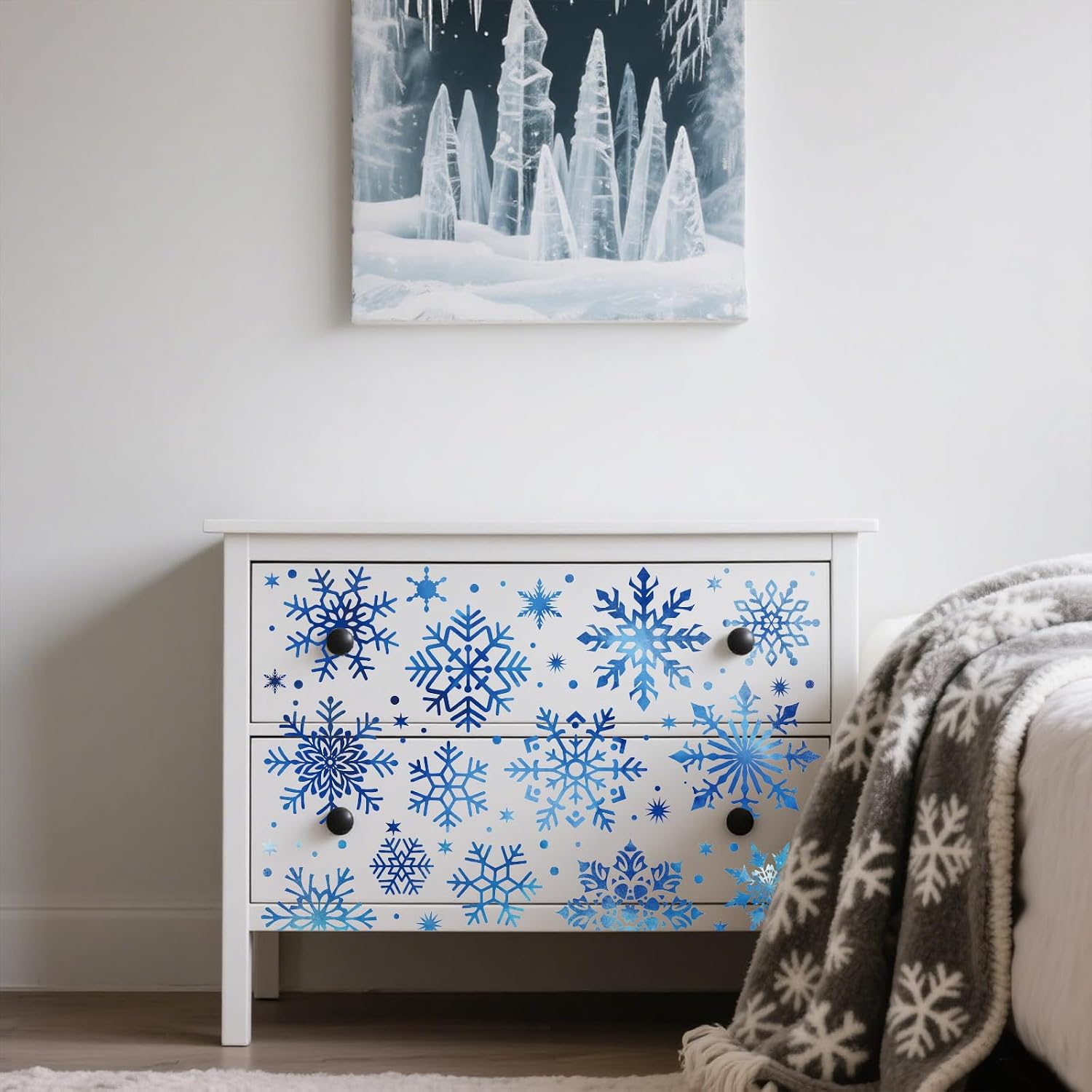GLOBLELAND 4 Sheets Blue Snowflake Rub on Transfers Christmas Winter Furniture Decor Transfer Stickers 12x6inch Decals Stickers for Bedroom Living Room Desk Table Decoration image 5
