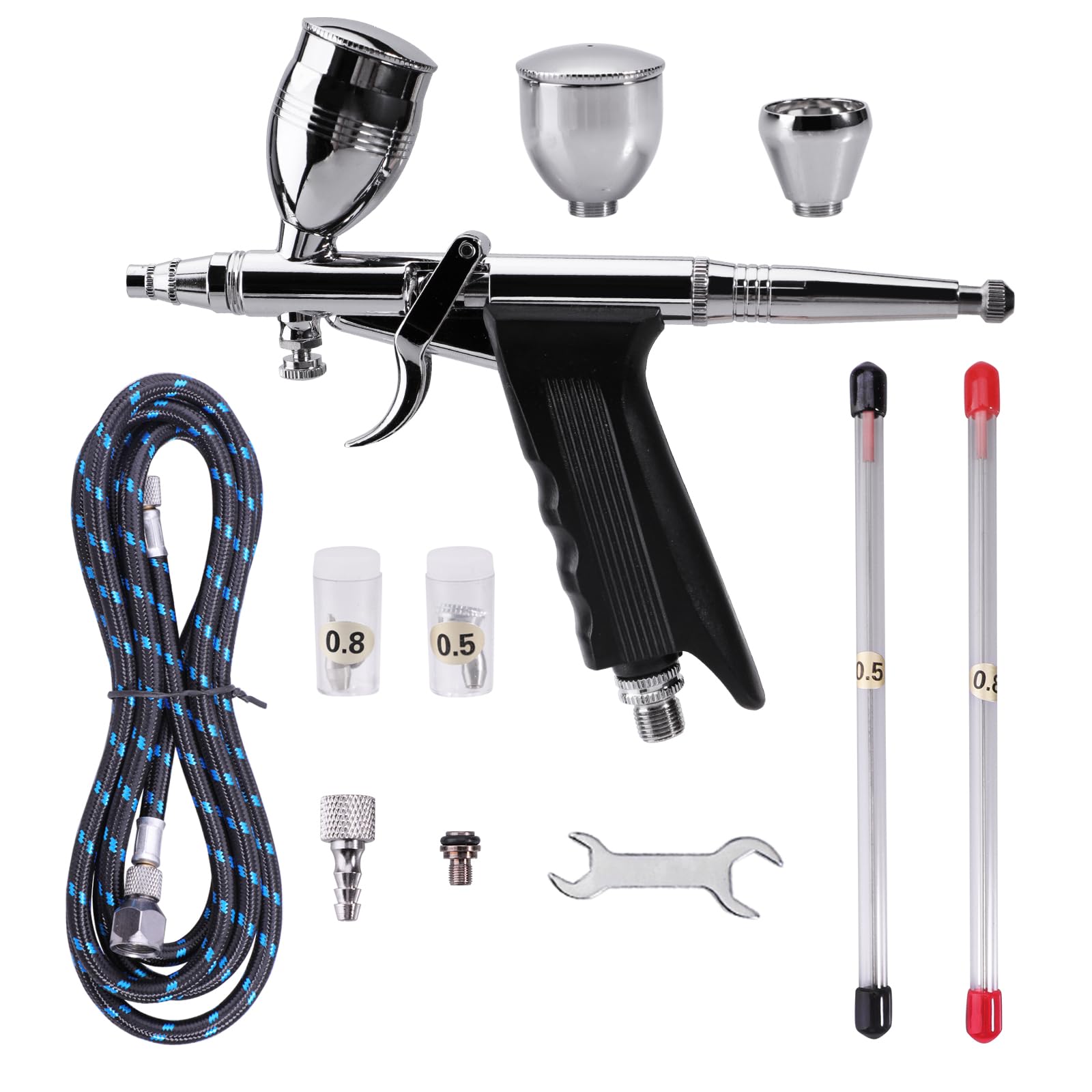 Airbrush Pistolen Set Double Action Airbrush-Stift 0,3mm mit extra 0,5 0,8 mm Nadeln, Airbrush Schlauch und 2CC/5CC/13CC Becher-Set