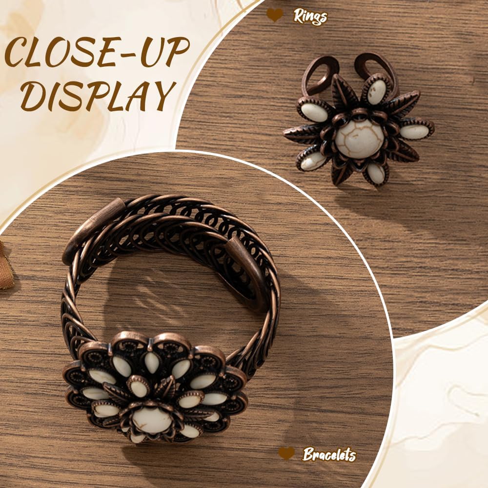 4 Pack Boho Vintage Turquoise Jewelry for Women, Bohemian Western Jewelry Set with Vintage Turquoise Necklace Dangle Earrings Stretchable Bracelet Ring, Country Cowgirl Accessories for Gift - Image 5