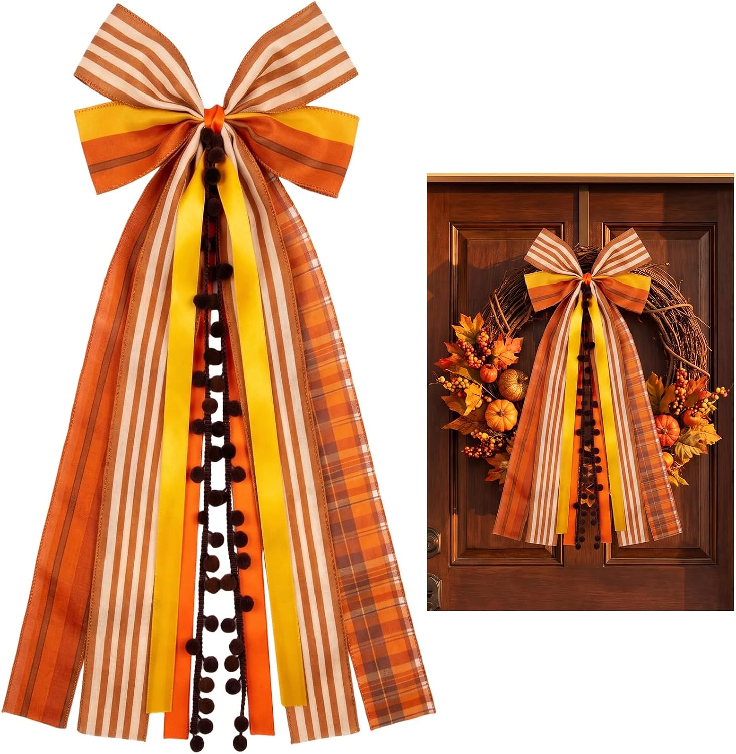 SIMISI RIBBON Fall Wreath Ribbon Bows Orange Plaid Thanksgiving Decorations