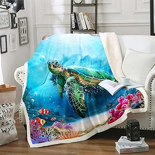 Sea Turtle Throw Blanket for Living Room,Fish Nautical Sea Animals Blue Ocean Blanket,Reptile Tortoise Under the Sea Coastal Fuzzy Blanket,Hawaiian Beach Tropical Fish Coral Bed Blanket 90