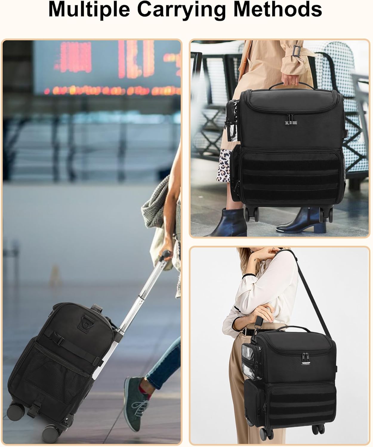 Relavel Rolling Makeup Train Case, Cosmetology Case on Wheels with 4 Clear Bags, Professional Makeup Artist Set Bags Cosmetic Storage Organizer with Adjustable Dividers, 360° Spinner Wheels, Black