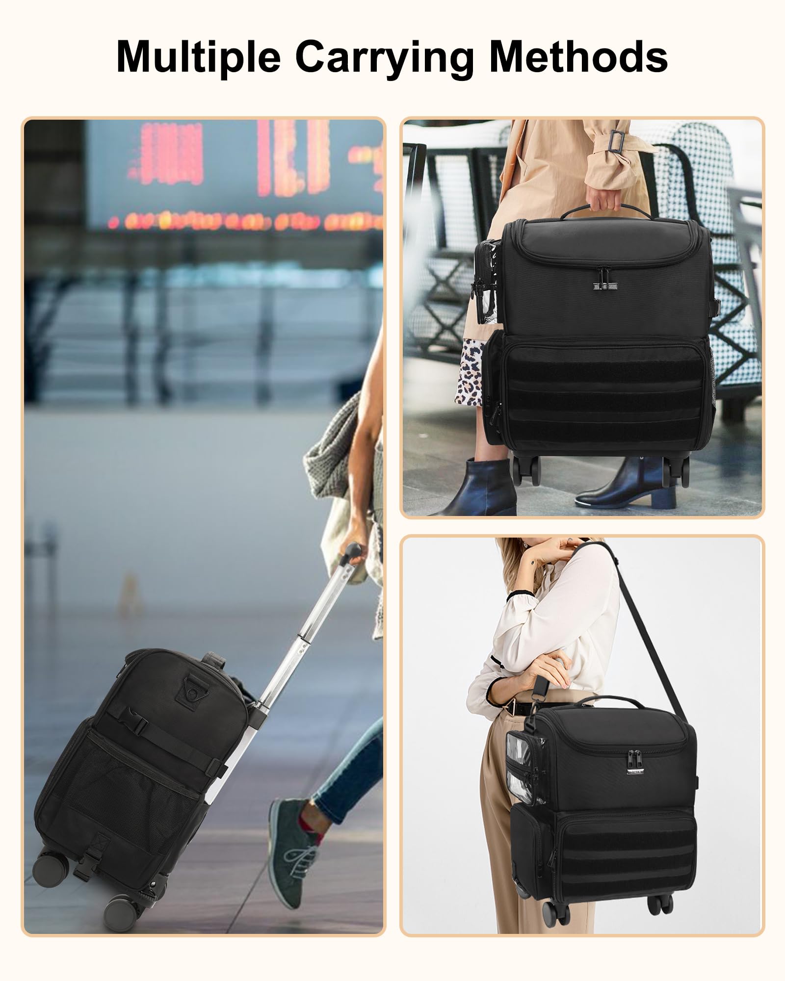 Relavel Rollender Make-up Koffer, Kosmetikkoffer mit Rädern + 4 transparenten Taschen, Profi Set für Make-up-Künstler – Kosmetik-Organisierer mit verstellbaren Trennwänden, 360°-Drehrollen, Schwarz