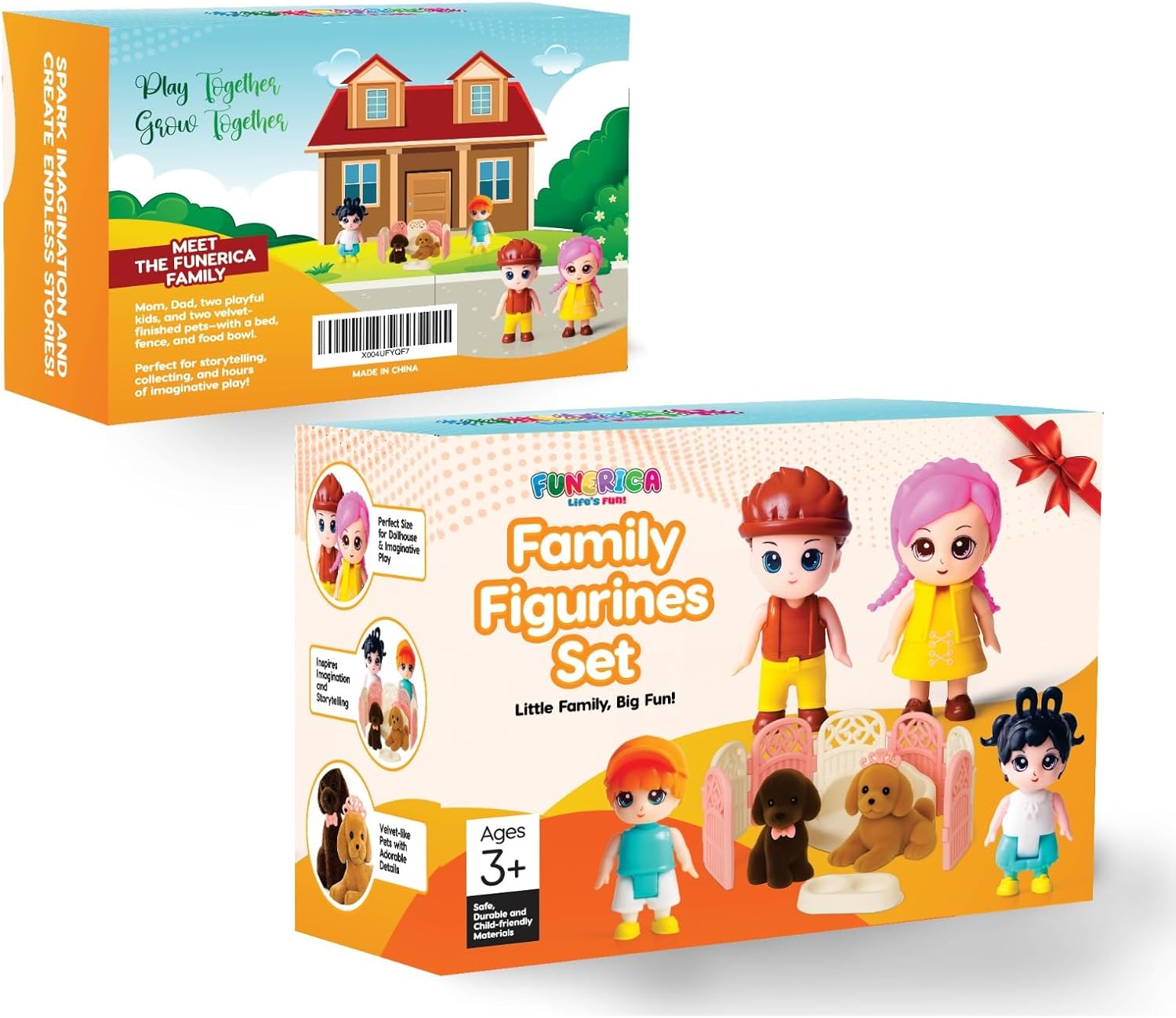 FUNERICA Dollhouse People & Pets – Velvety Furry Puppies, Pet Accessories & Posable Doll House Family Set – Dolls for Dollhouse, Little People Figures, Doll House Accessories and Furniture