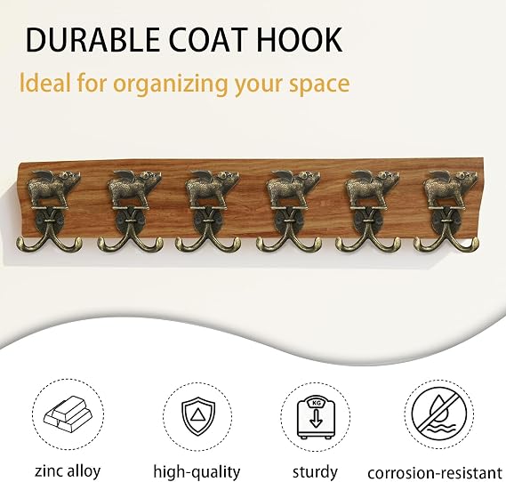 Flying Pig Coat Hooks Wall Mounted, Set of 2 Heavy Duty Antique Bronze Vintage Animal Hooks for Farmhouse, Rustic Decorative Hooks for Coat, Bag, Towel