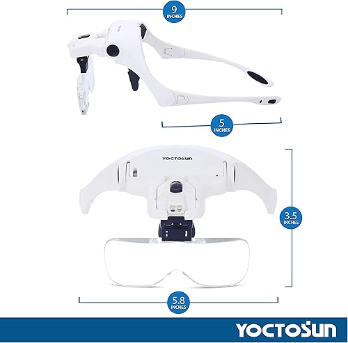 Vista 13 de Lupa montable para cabeza Yoctosun, 2 LED Lupa profesional de joyero con soporte de luz y vincha intercambiables, 5 lentes reemplazables: 1.0x