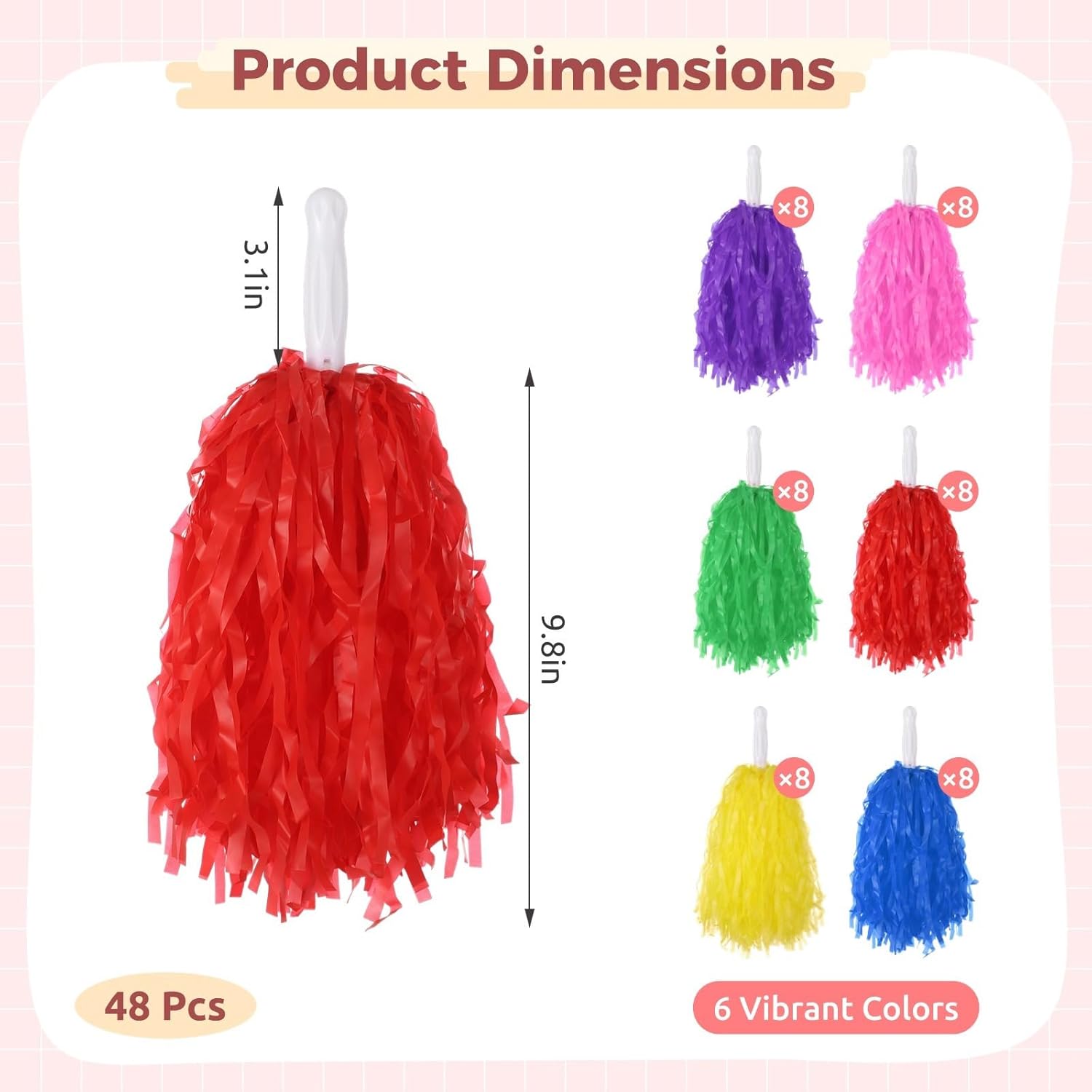 Cheering Decorations for Team Spirit, Sports, Party, 48 Pieces Plastic Cheer Pompoms with Handles, Cheerleading Sports Spirited Pom Poms