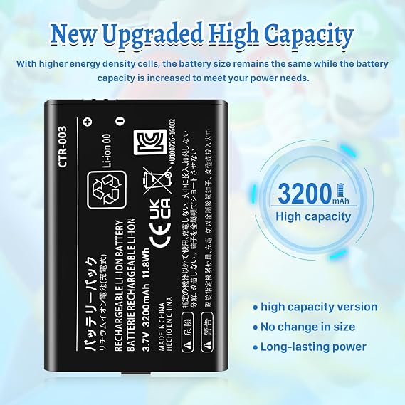 3DS Battery Pack [3200mAh] (2026 New Upgraded),CTR-003 Battery Compatible with Nintendo 3DS N3DS,2DS, 2DS XL CTR-001 MIN-CTR-001 Gaming Console with Tool Kit (Not for New 3DS, 3DS XL)