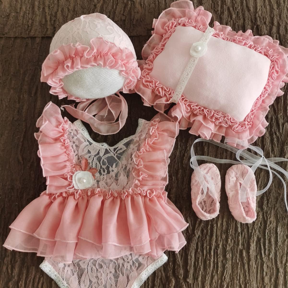 Yuehuam Newborn Photography Prop Girl Outfits Baby Lace Romper Hat Pillow Shoes set Infant Photoshoot Skirt Clothes