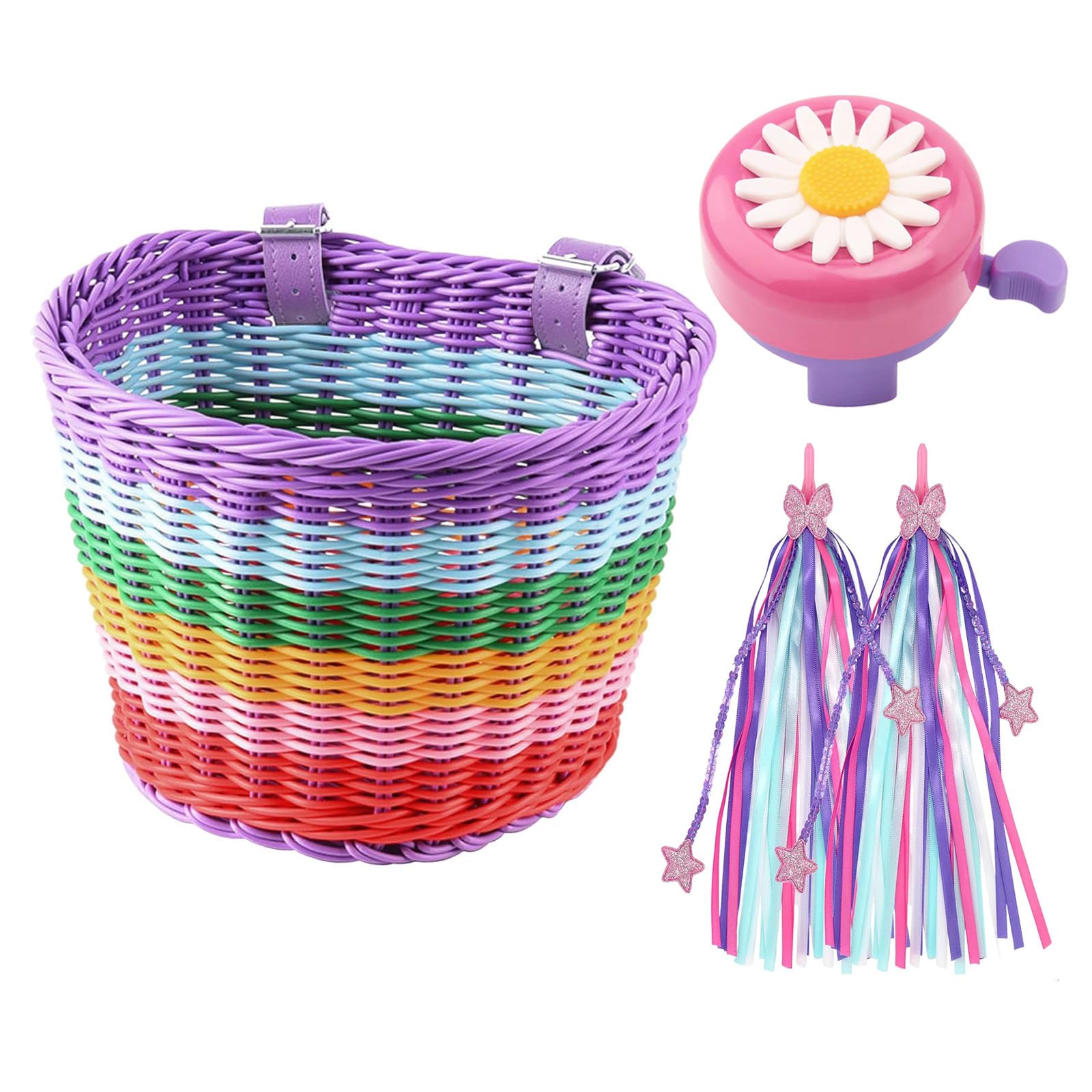 TIKBRO Kids Bike Basket Handwoven Scooter Basket for Girls and Boys with Bike Accessories - Handlebar Streamers and Bell