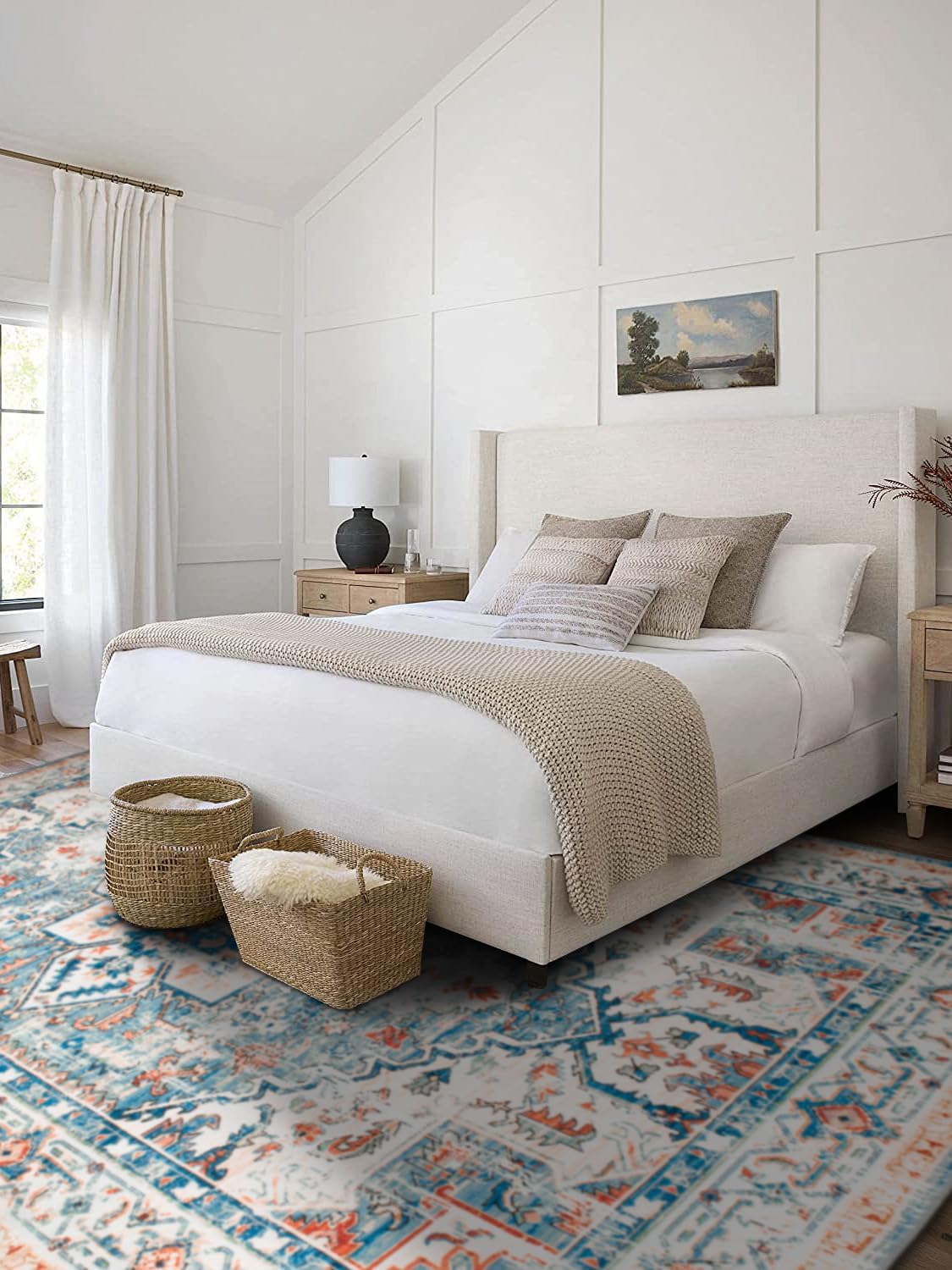 7x9 Area Rug for Living Room Non Slip Low Pile,Washable Vintage Persian 9x7 Area Rugs in Teal Blue for Bedroom Indoor,7 Foot by 9 Foot Dining Room Carpet,7'x9'Ft Home Office Desk Mat Under Table Azure Ember 7' x 9' (Rectangular)