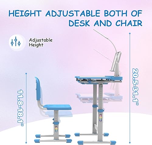 Miniatura 7 de BELANITAS Juego de escritorio y silla para niños, escritorio escolar de altura ajustable para niños, escritorio de estudio para niños inclinable de
