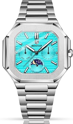 BENYAR Mens Quartz Watch, Waterproof 37mm Stainless Steel Watch for Men with Date Day Moonphase, Hardlex Crystal, Slim Casual Dress Wristwatch BY-5221