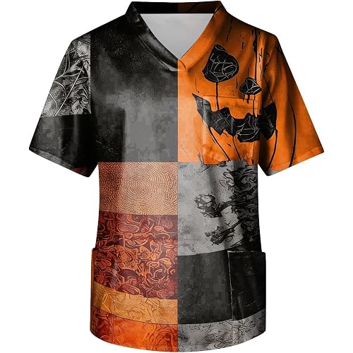 Men's Halloween Polo Shirts Punk Button Down Pumpkin Shirt Plaid Golf Tops