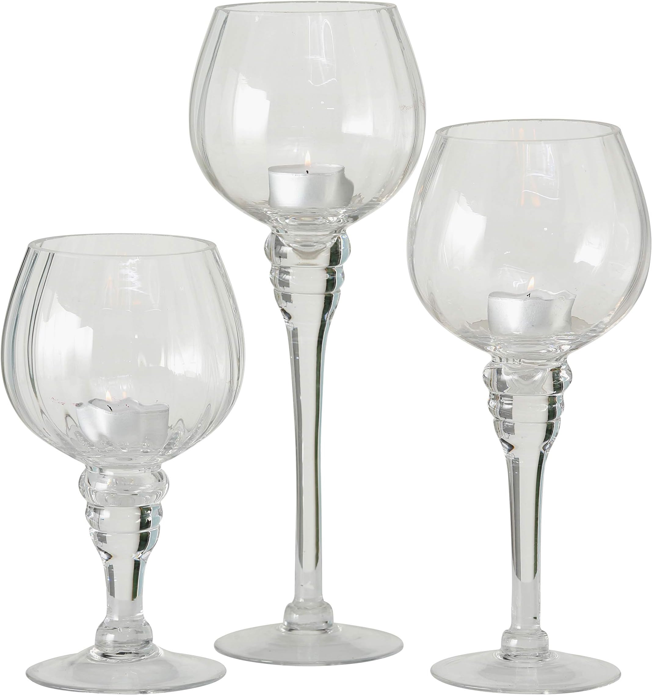 WHW Whole House Worlds Spectacular Cape Cod Long Stem Candle Holders, Set of 3, Crystal Clear Ribbed Glass, 11 3/4, 9 3/4 and 7 Inches Tall, for Tealight or Votive Candles