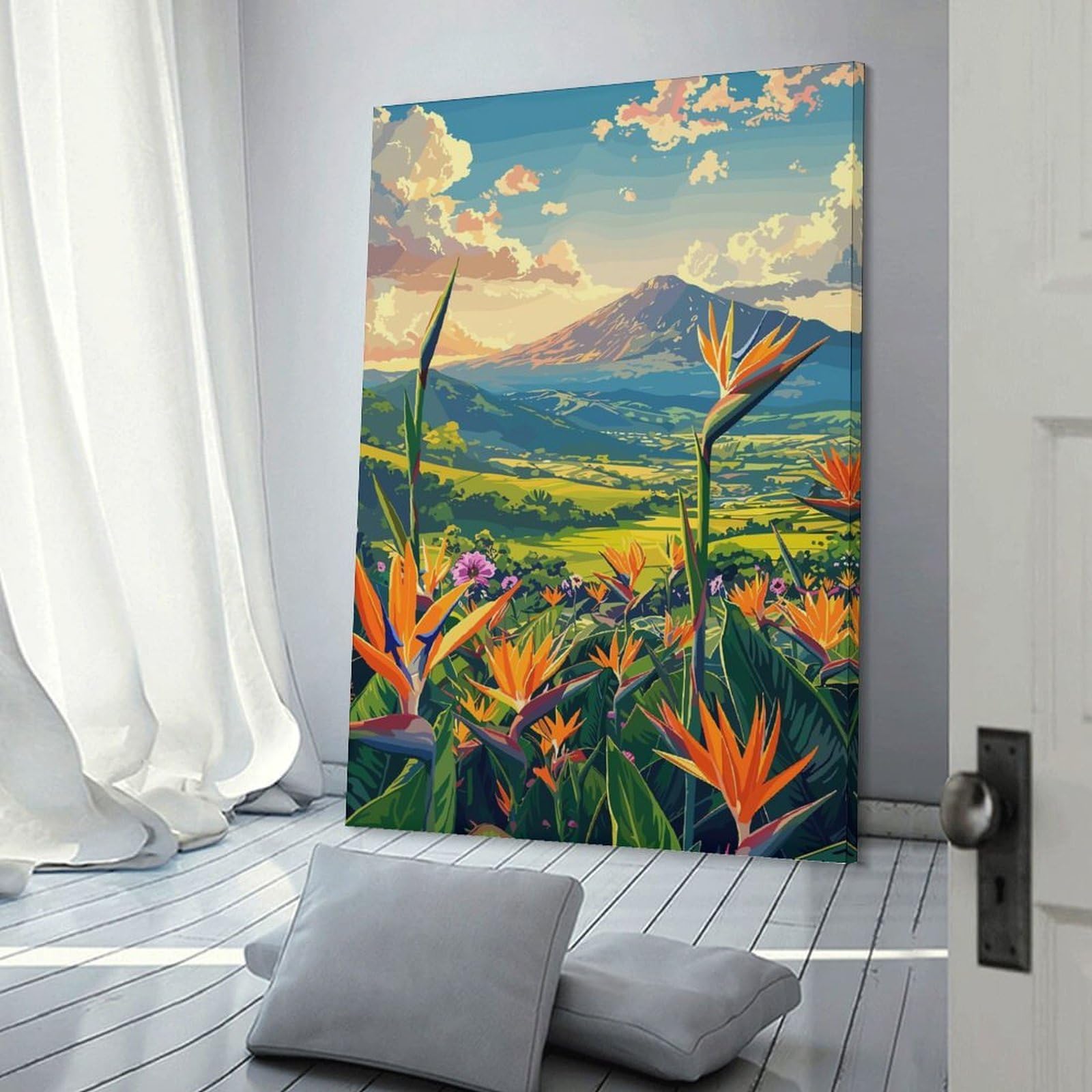 Junmoney Mountain View with Bird of Paradise Hanging Wall Art 20x30inch(50x75cm), for Front Hall, Corridor Or Welcome Spaces, Wall Decor to Refresh Empty Corners