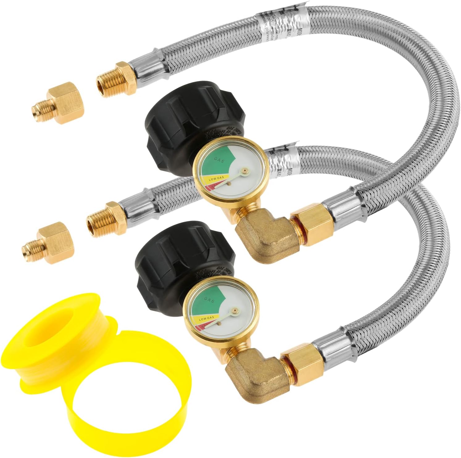 2Pack RV Stainless Propane Hose With Gauge, 12inch Braided Gas Hose, Pigtail, 1/4" Male NPT +1/4" Inverted Male Flare for Camper Standard Two-Stage Regulator