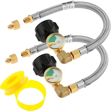 2Pack 12" RV Propane Pigtail Hoses w/Gauge QCC1 1/4" NPT Stainless Braided