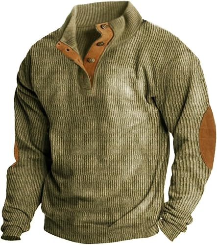 WOLWES Camisa de pana para hombre, cuello de solapa, botones, cuello alto, manga larga, suéteres tipo polo con parches en los codos