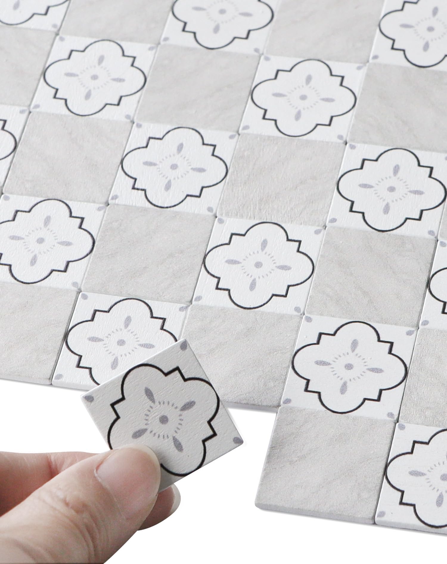 iLAND Dollhouse Flooring on 1/12 Scale 1/6 Scale, Miniature Dollhouse Accessories, 115pcs Double-Sided Dollhouse Floor Tiles (French White Floral & Grey Marble Tiles)