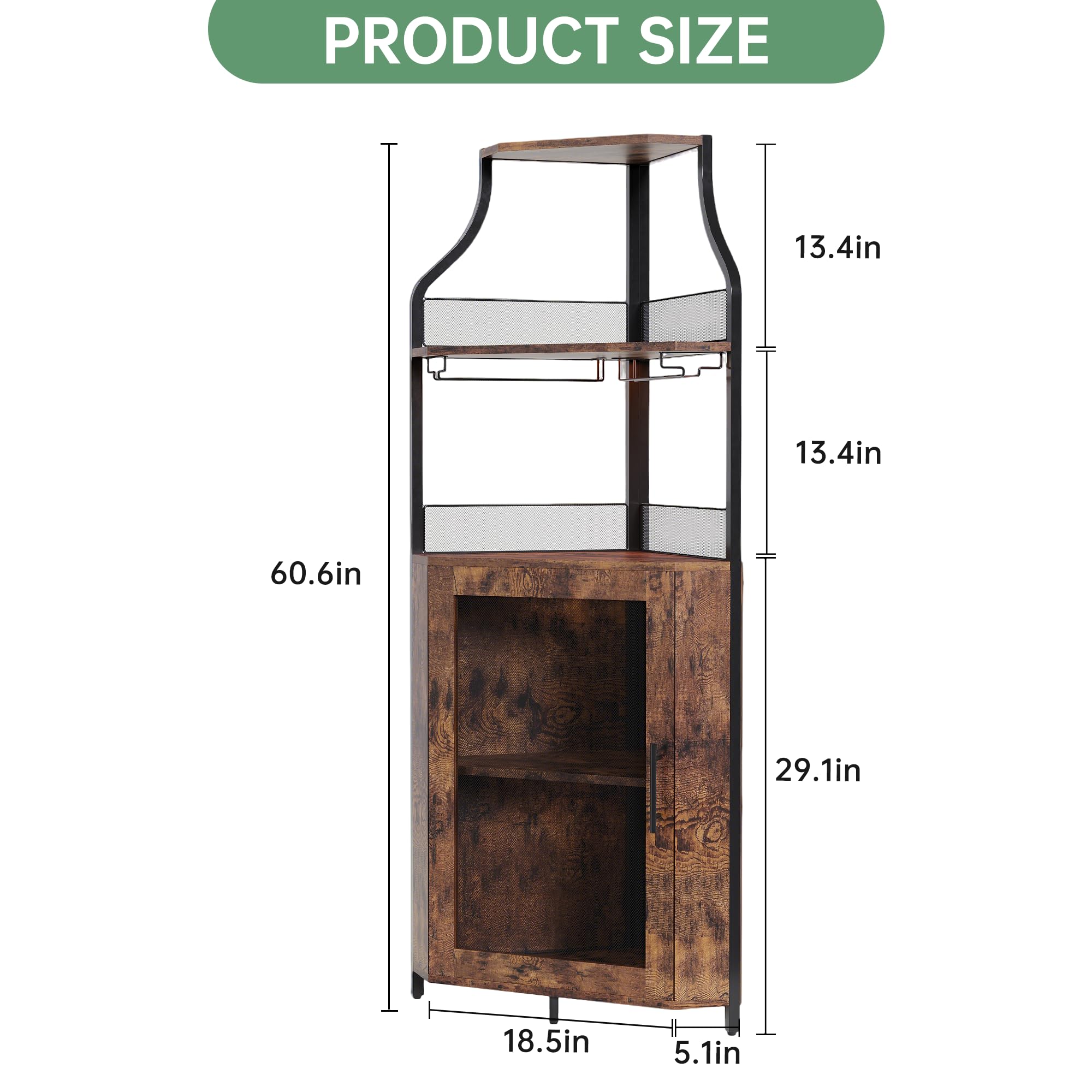 GarveeHome - Mueble esquinero para barra de vino con iluminación LED, 5 pisos ajustables y soporte para vasos integrados, ahorro de espacio de 35 cm para espacios reducidos (estilo loft retro