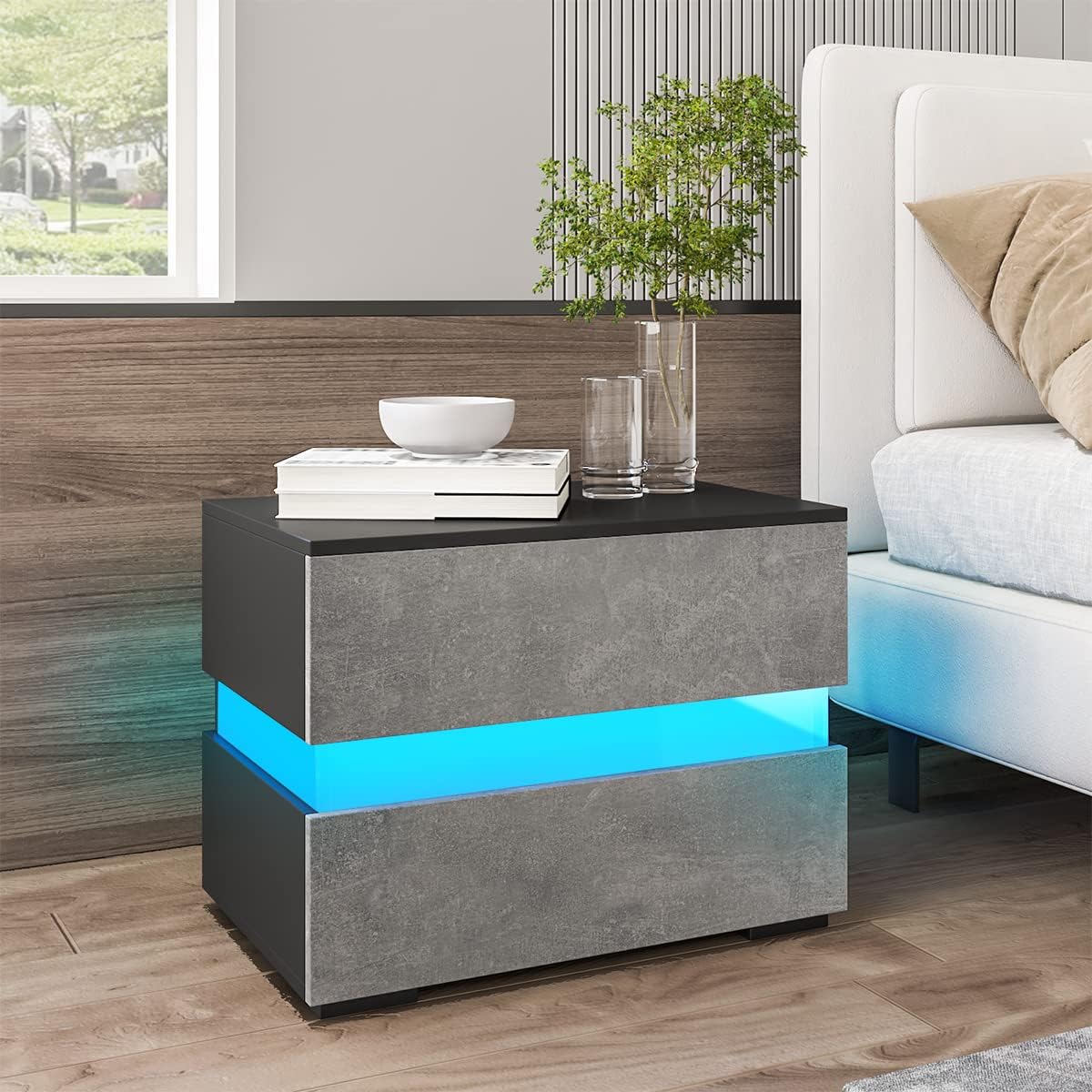 HOMMPA LED Nightstand with 2 Drawers Modern Nightstand
