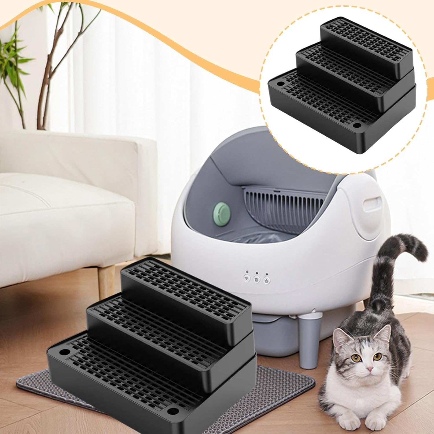 Ramp for Automatic Cat Litter Litter Stair Washable Pad Removable with Footboard 3 Steps for Small Cats Indoor, Black
