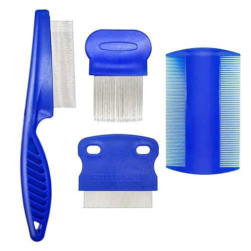 Qancekoo 4 Different Kinds of Flea Combs, Stainless Steel Round Teeth Dog Cat Lice Combs, Durable Fine Tooth Pet Tear Stain Remover Tool (Blue)