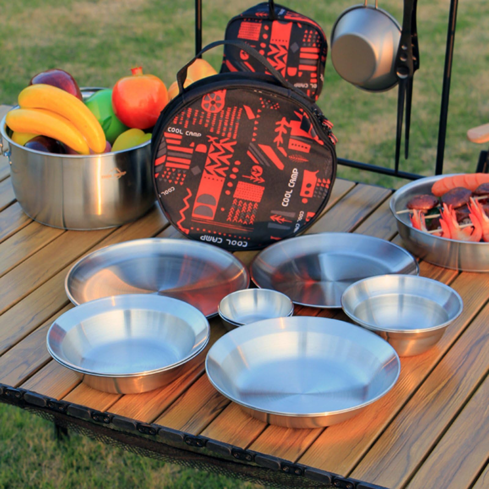 12 Pieces Vaisselle Camping en Acier Inoxydable Rond Ensemble Repas Randonnée Portable Set Couverts Plein Air